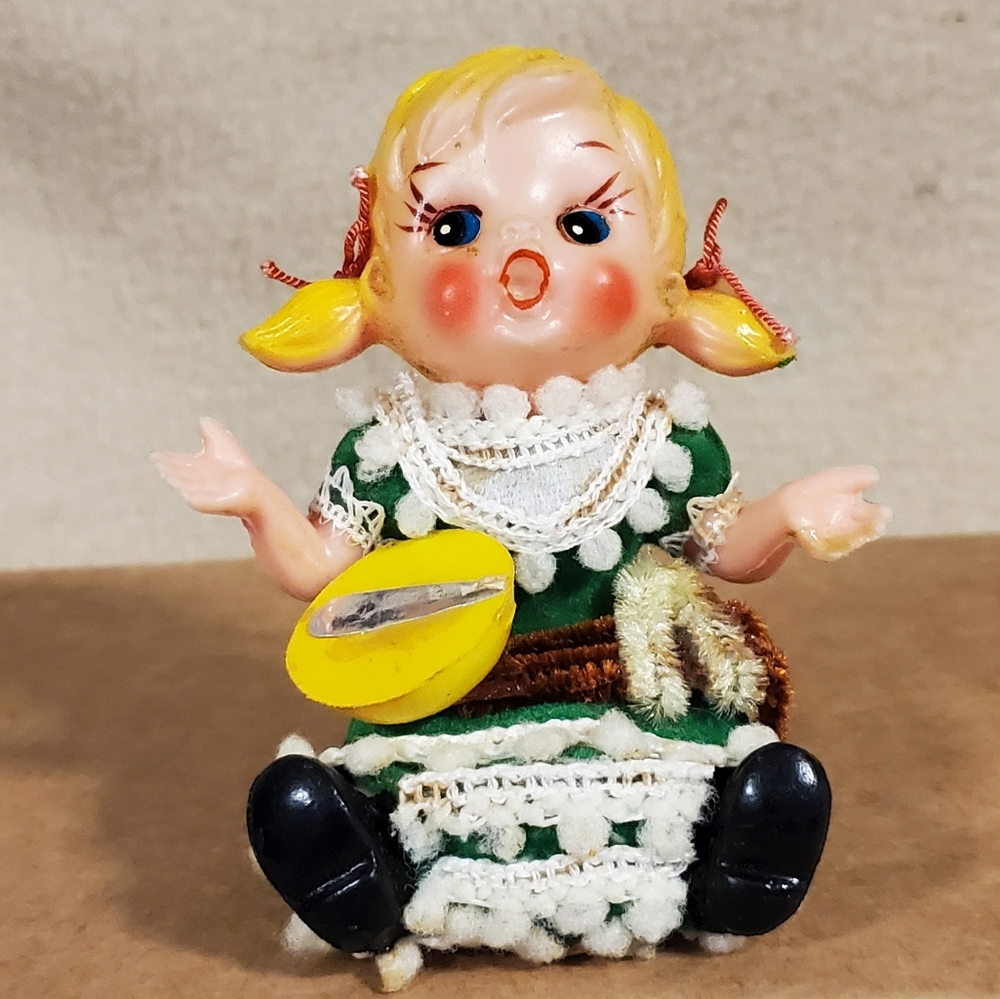 Vintage Flocked Plastic Face Little Miss Muffet Ornament
